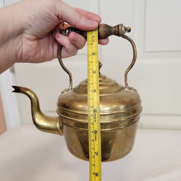 Vintage Brass Wood Teapot Decor Old World Aesthetic - Picture 3 of 9